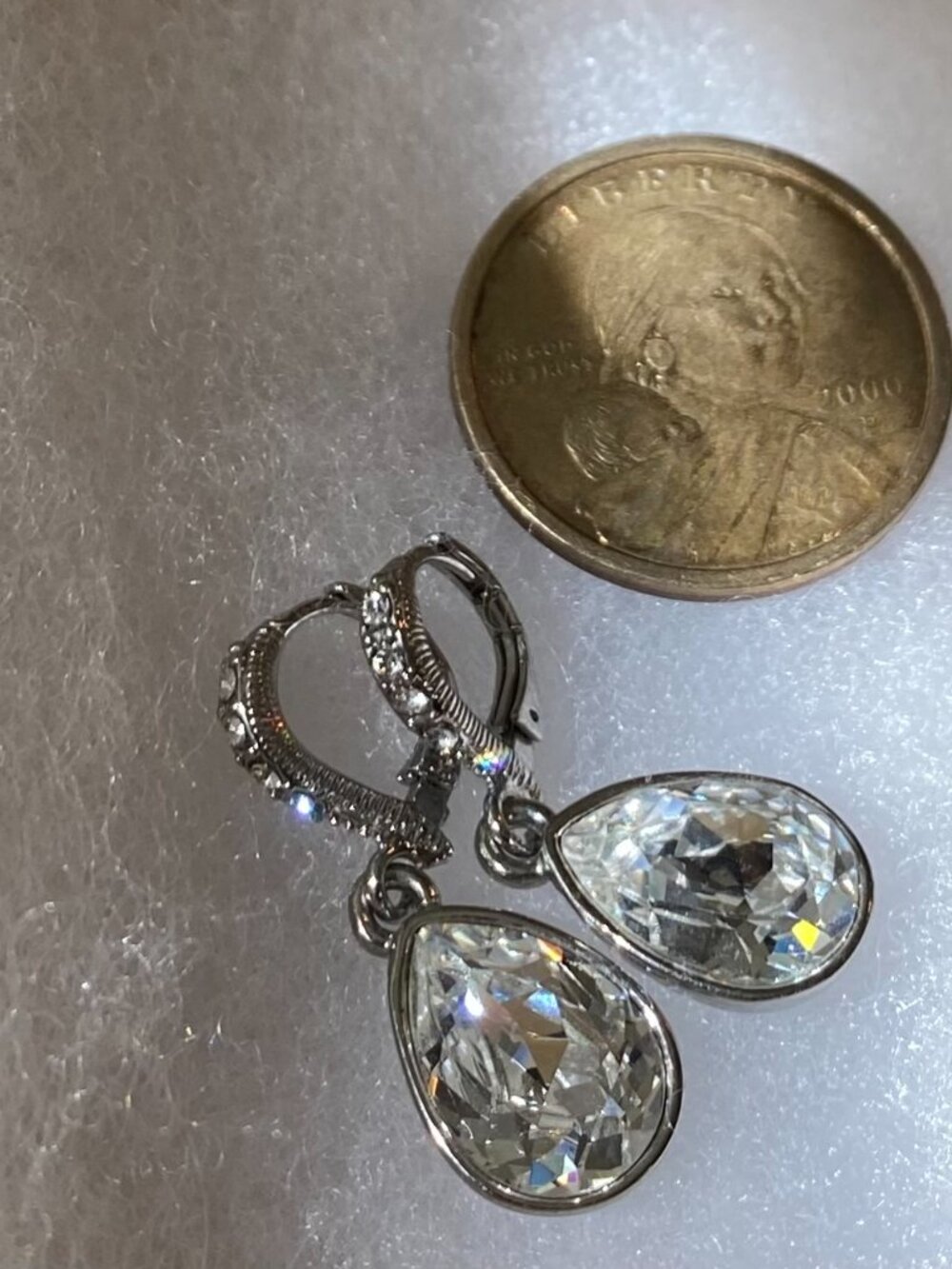 GIVENCHY Crystal Teardrop Dangle Earrings Silver Tone Clear Pave Leverback - Picture 5 of 8